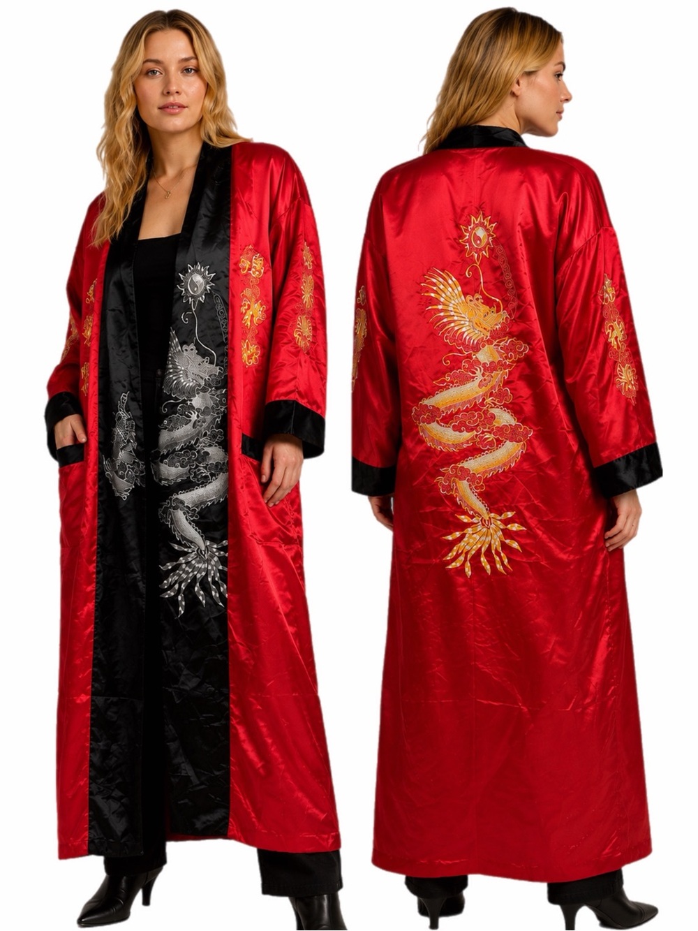 90s European Vintage Import Satin Dragon Embroidered Robe Duster (Red/Black) O/S